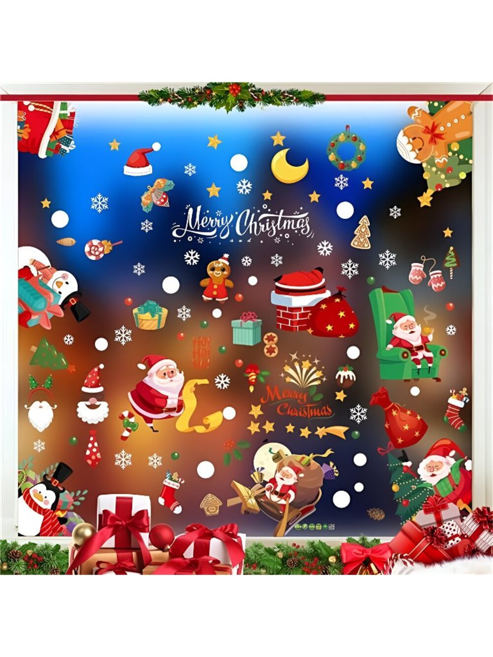 400PCS Christmas Santa Claus, Reindeer and Snowflakes Window Stickers, 18 Sheets